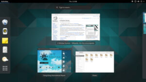 Environnement de bureau GNOME Shell. Image sous licence CC-BY-SA 3.0 empruntée à Wikipédia. Crédits : Par Filorinwiki — En tant que détenteur du droit d’auteur, je publie cette œuvre sous la licence suivante :, CC BY-SA 3.0, https://commons.wikimedia.org/w/index.php?curid=8769965